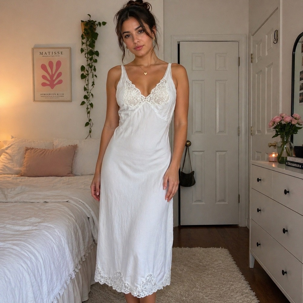 Vintage White Lace Slip Dress Midi Cotton Coquette Cottagecore Feminine Romantic